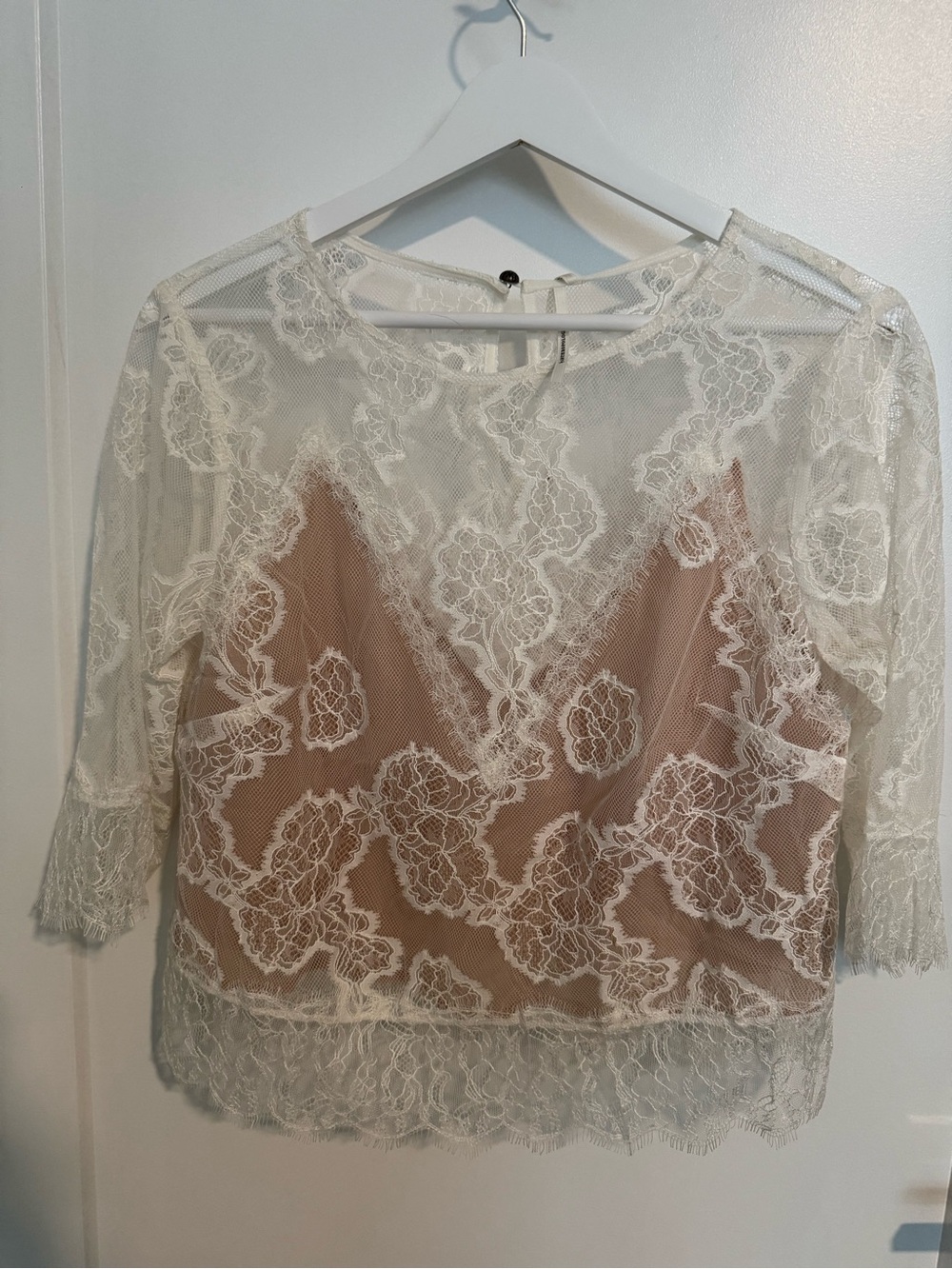 Lace Overlay Blouse with Nude Slip - White
